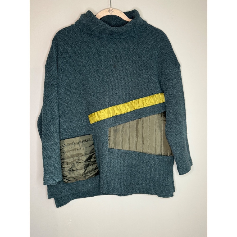 Terra SJ Apparel Teal Boucle Knit Quilted Patchwork Funnel Neck Sweater Large